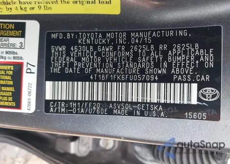 2015 Toyota Camry Se from USA, damaged, VIN 4T1BF1FK6FU057094